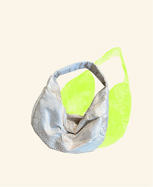 FORTUNE COOKIE BAG (S) <off white×silver multi lucky omen pattern > Upcycled from pre loved obi