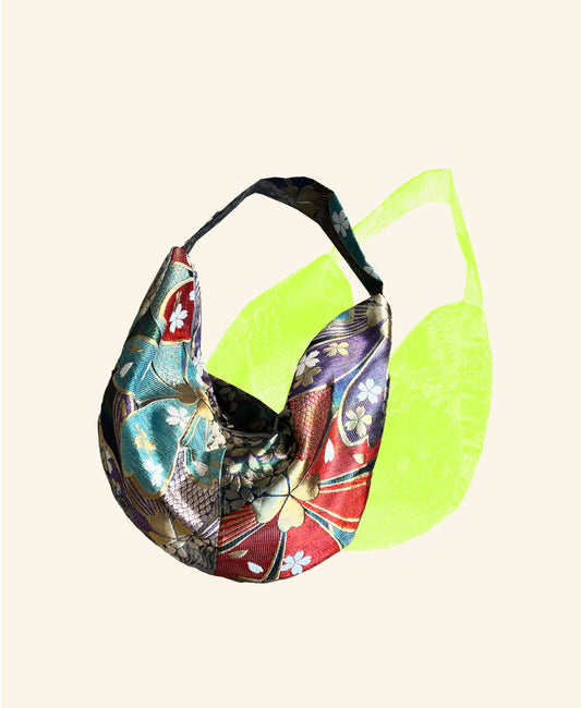 FORTUNE COOKIE BAG (S) <black multi color floral pattern > Upcycled from pre loved obi