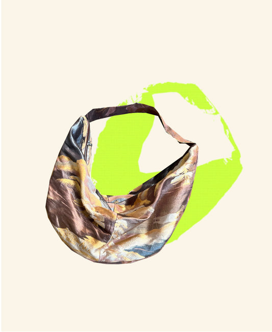 FORTUNE COOKIE BAG (S) <metallic ash pink×blue landscape pattern > Upcycled from pre loved obi