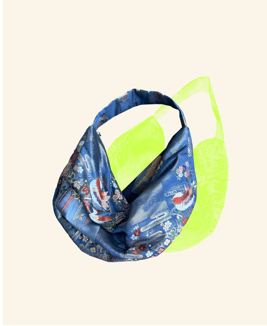 FORTUNE COOKIE BAG (S) <ash light blue bird and flower pattern > Upcycled from pre loved obi