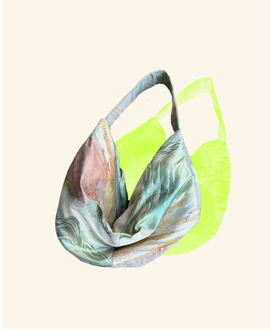 FORTUNE COOKIE BAG (S) <metallic multicolor mountain land scape pattern > Upcycled from pre loved obi