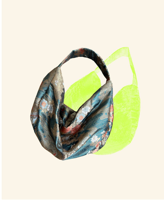 FORTUNE COOKIE BAG (S) <metallic green floral pattern > Upcycled from pre loved obi