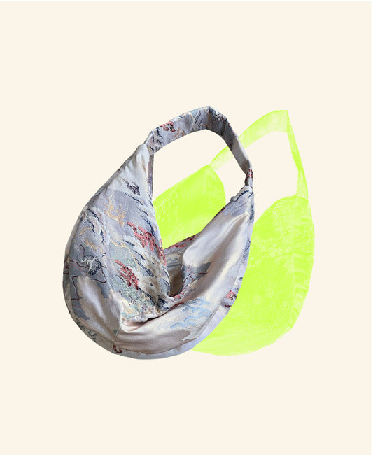 FORTUNE COOKIE BAG (S) <off white landscape pattern with crane > Upcycled from pre loved obi