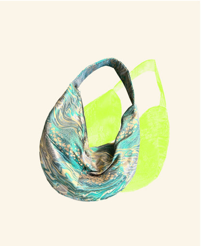 FORTUNE COOKIE BAG (S) <metallic light green wave pattern > Upcycled from pre loved obi