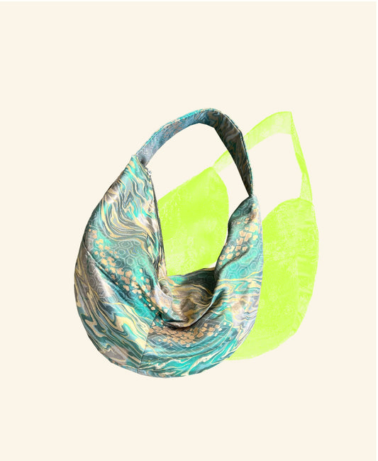 FORTUNE COOKIE BAG (S) <metallic light green wave pattern > Upcycled from pre loved obi