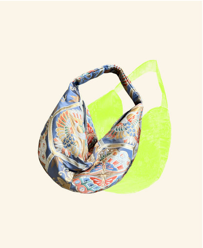 FORTUNE COOKIE BAG (S) <light blue hexagonal pattern with bird > Upcycled from pre loved obi
