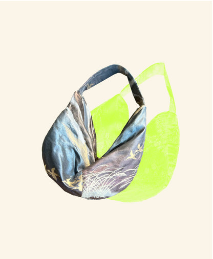 FORTUNE COOKIE BAG (S) <metallic light purple×blue landscape with bird pattern > Upcycled from pre loved obi