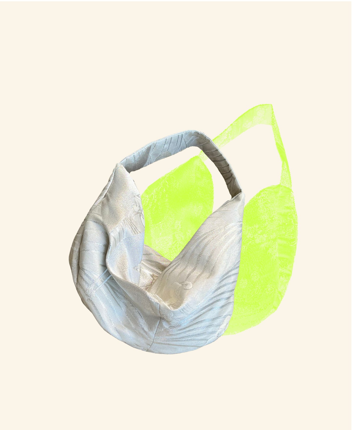 FORTUNE COOKIE BAG (S) <off white × silver crane wave pattern > Upcycled from pre loved obi