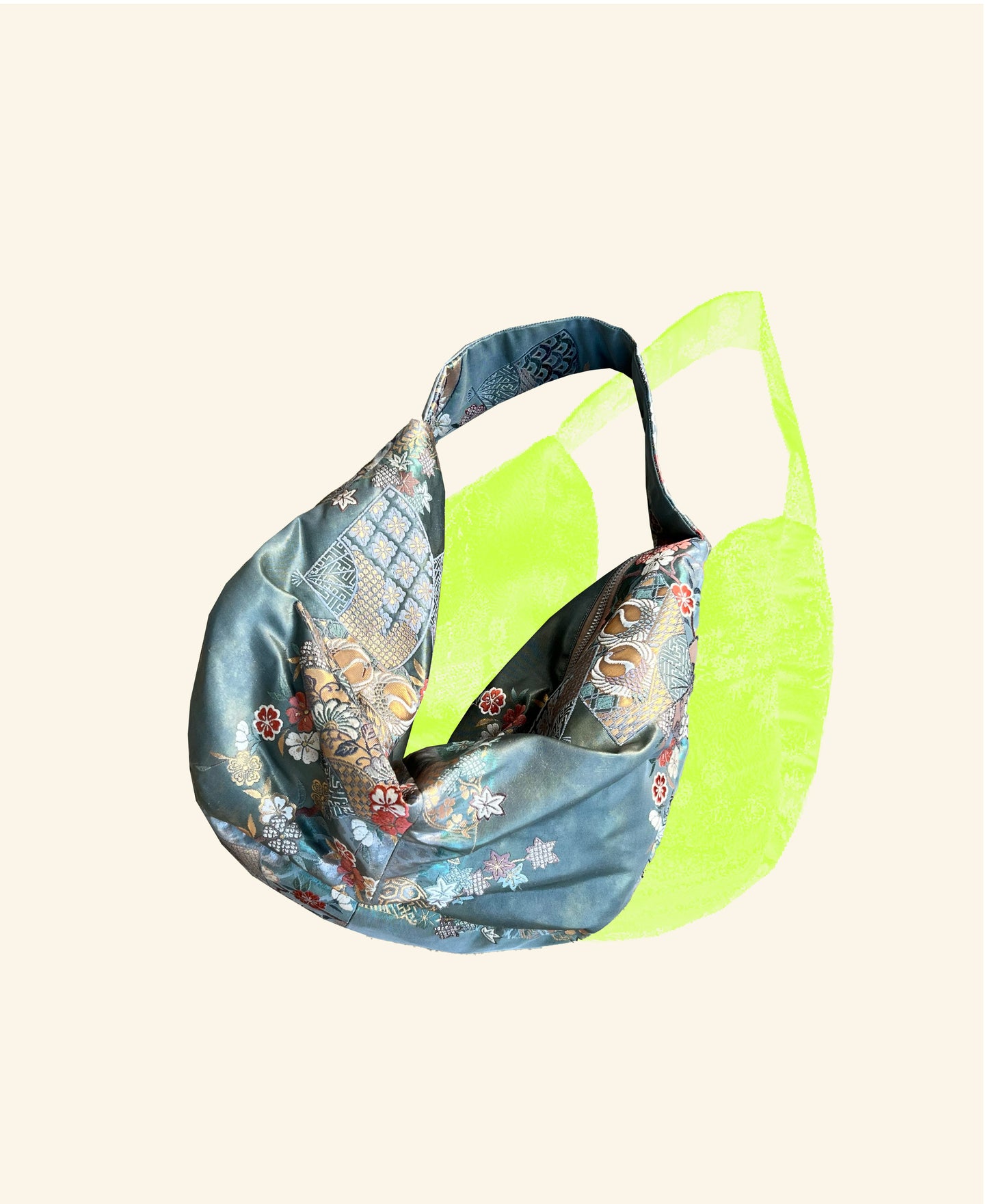 FORTUNE COOKIE BAG (S) <ash light green floral pattern > Upcycled from pre loved obi