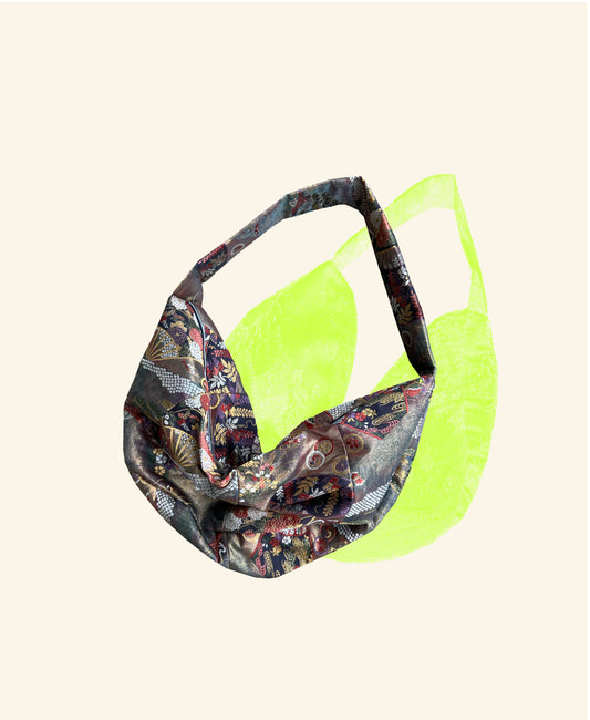 <FORTUNE COOKIE BAG (L) <dark multi color with lucky omen pattern > Upcycled product