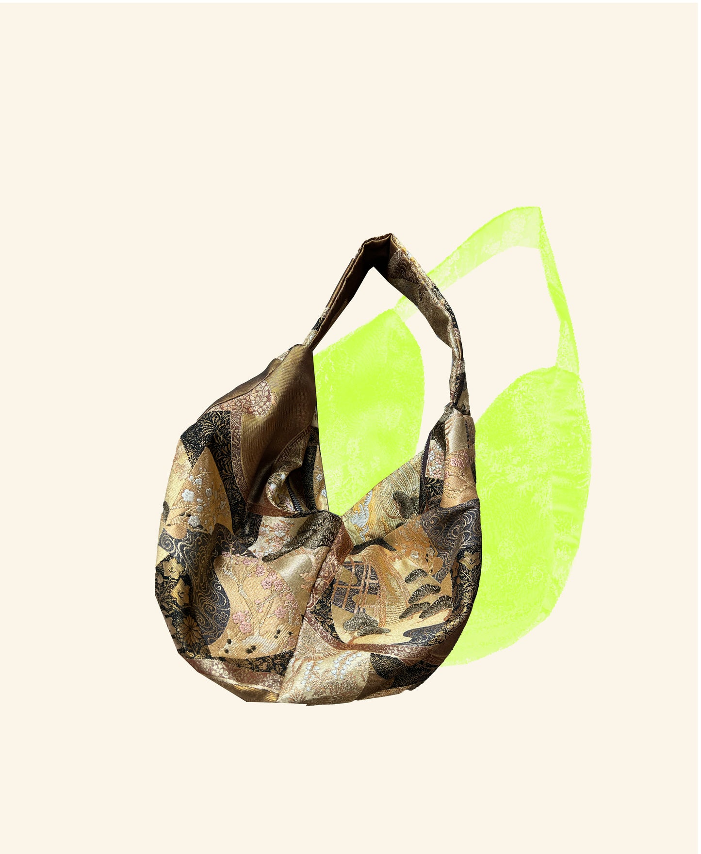 FORTUNE COOKIE BAG (S) <khaki brown gold metalic japanese landscape>