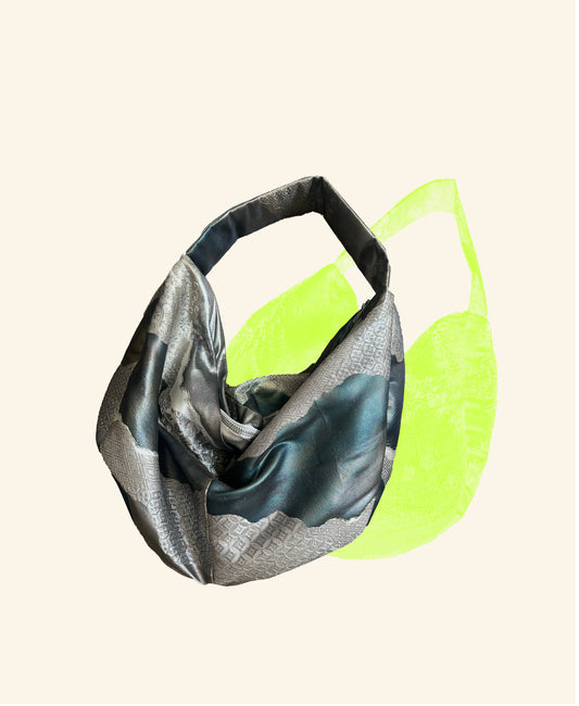 FORTUNE COOKIE BAG (S) <Metallic light blue and silver with abstract pattern>  Upcycled from silk obi