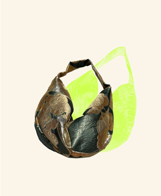 FORTUNE COOKIE BAG (S) <green ×gold with Japanese plum flower motifs>  Upcycled from silk obi