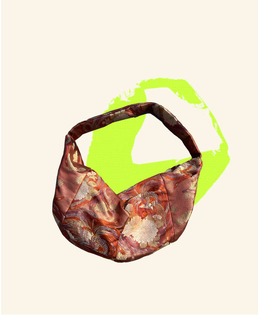 <FORTUNE COOKIE BAG (L) <red with flower and bird motifs >  Upcycled from silk obi