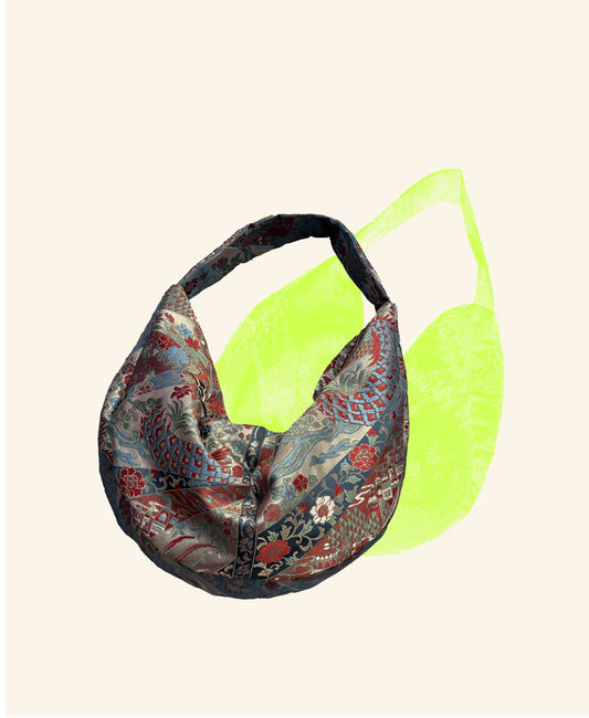 FORTUNE COOKIE BAG (S) <multi color gold flower and bird pattern >  Upcycled from silk obi