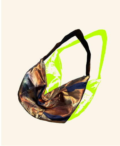 <FORTUNE COOKIE BAG (L) <navy× multi color metallic bamboo pattern>  Upcycled from silk obi