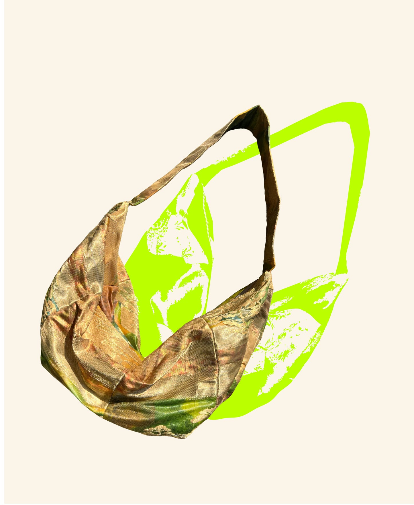 <FORTUNE COOKIE BAG (L) <gold × multi color land scape pattern >  Upcycled from silk obi