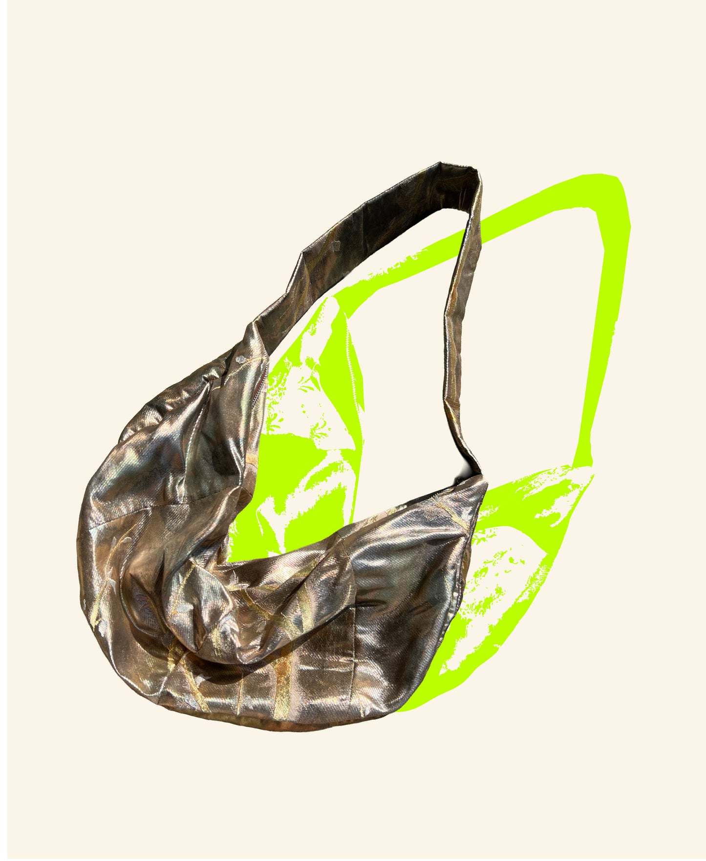 <FORTUNE COOKIE BAG (L) <champagne silver metallic tree pattern >  Upcycled from silk obi