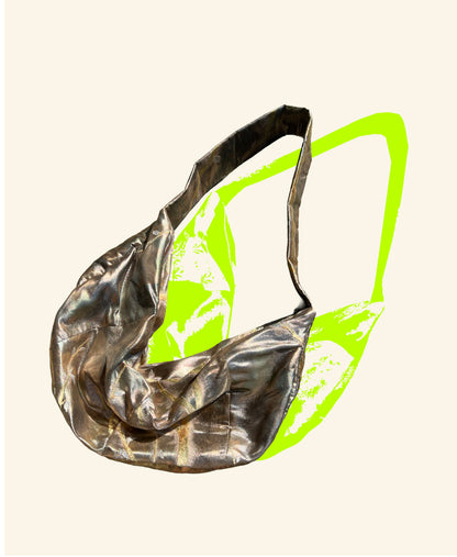 <FORTUNE COOKIE BAG (L) <champagne silver metallic tree pattern >  Upcycled from silk obi