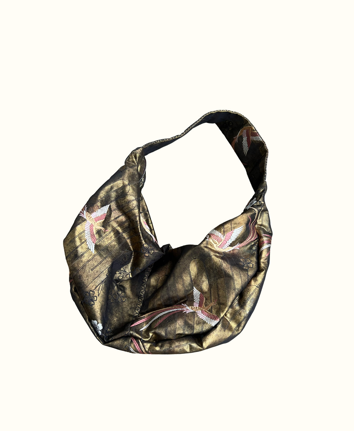 FORTUNE COOKIE BAG (S) <metallic dusty gold bird and cherry blossom motif> Upcycled from second hand obi