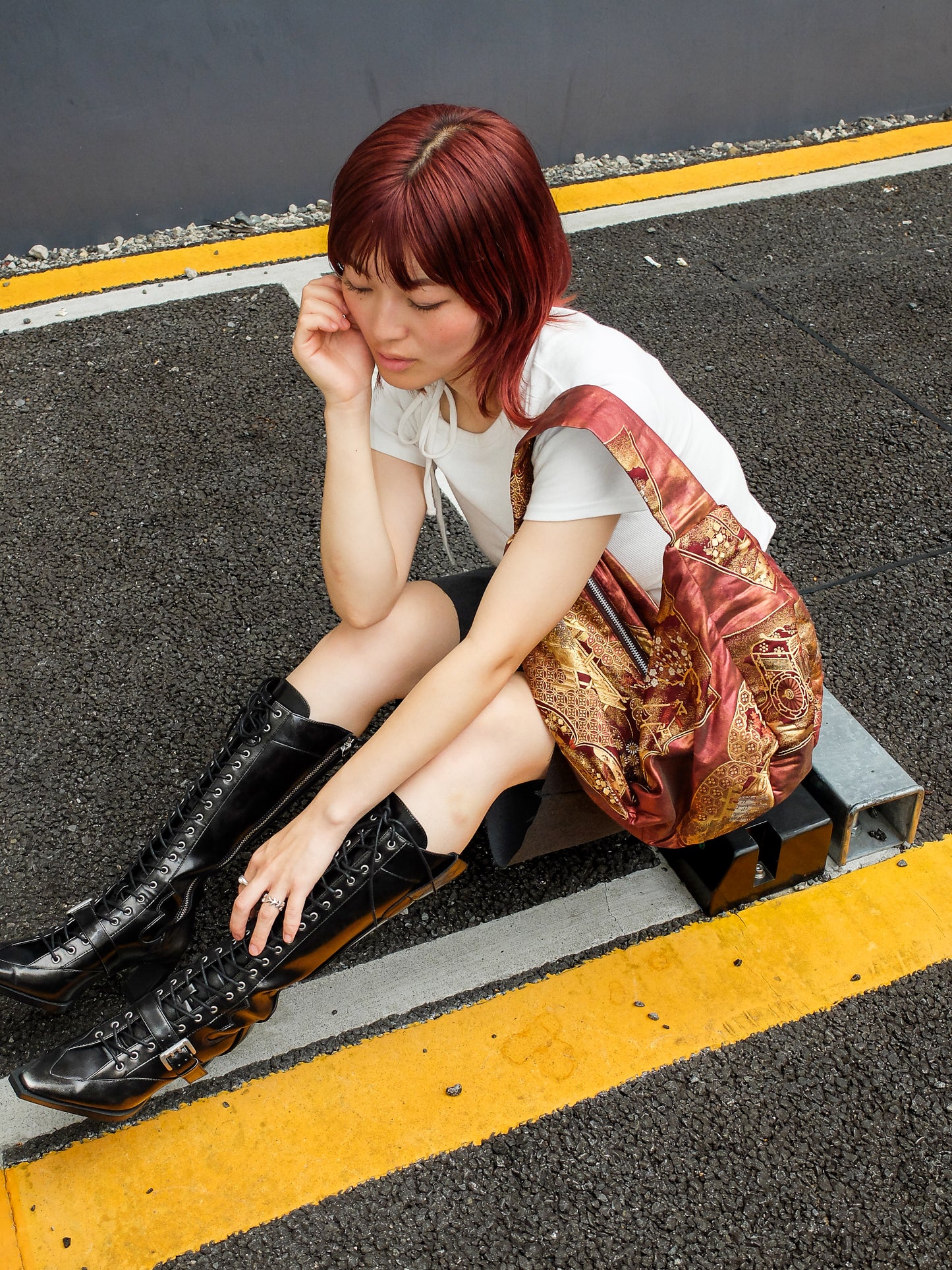 FORTUNE COOKIE BAG (S) <metallic burgundy floral pattern > Upcycled from second hand obi