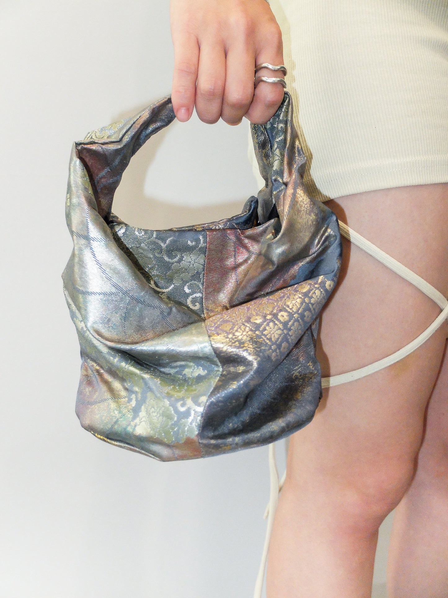 COMORI BAG <metallic light blue × multi pastel color floral pattern > Upcycled product