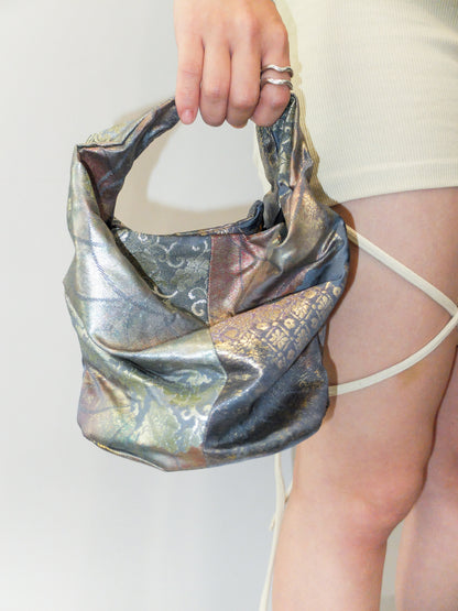 COMORI BAG <metallic light blue × multi pastel color floral pattern > Upcycled product