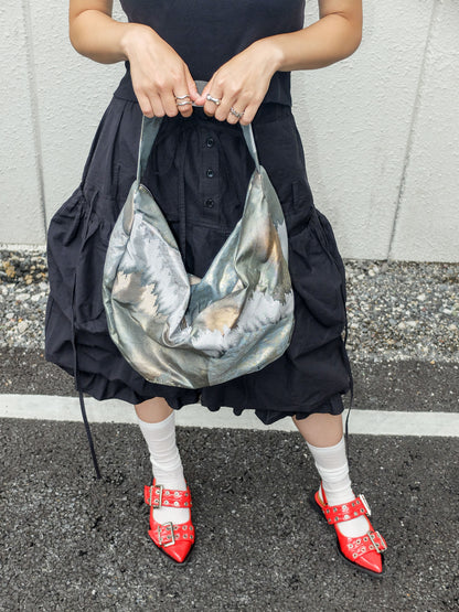 FORTUNE COOKIE BAG (S) <metallic light blue × grey mountain landscape > Upcycled from second hand obi