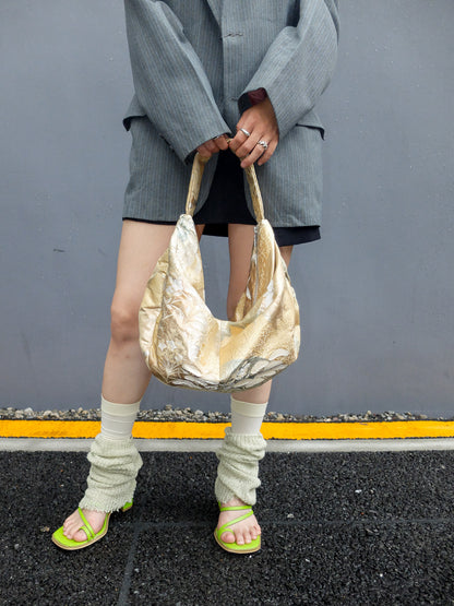 FORTUNE COOKIE BAG (S) <gold × multi pastel color crane motif > Upcycled from second hand obi