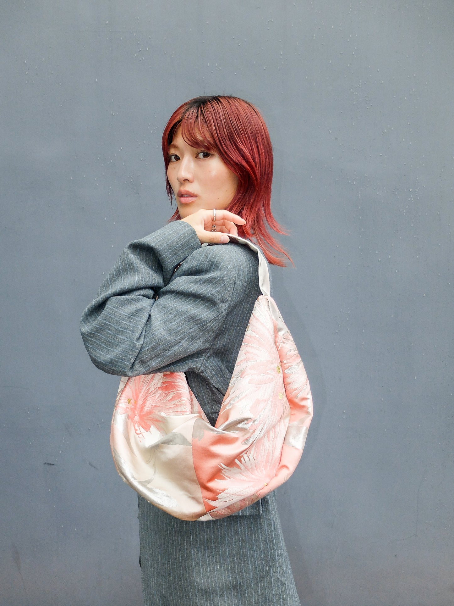 FORTUNE COOKIE BAG (S) <light pink × silver crane pattern > Upcycled from second hand obi