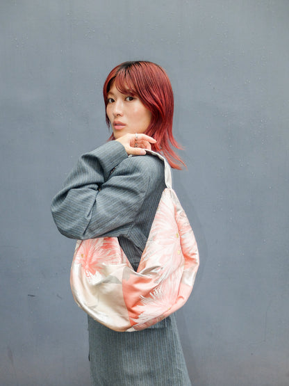 FORTUNE COOKIE BAG (S) <light pink × silver crane pattern > Upcycled from second hand obi