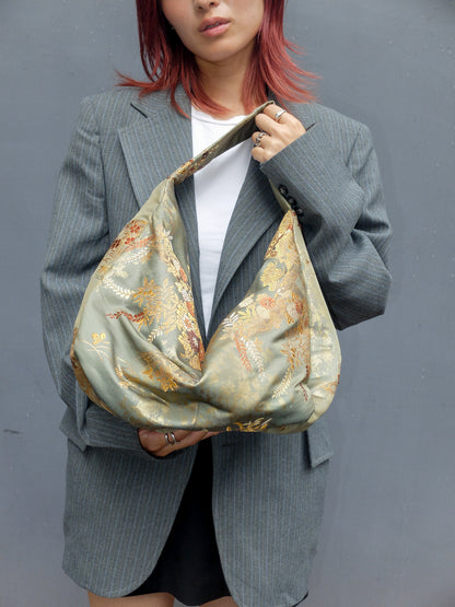 FORTUNE COOKIE BAG (S) <ash green flower motif > Upcycled from second hand obi