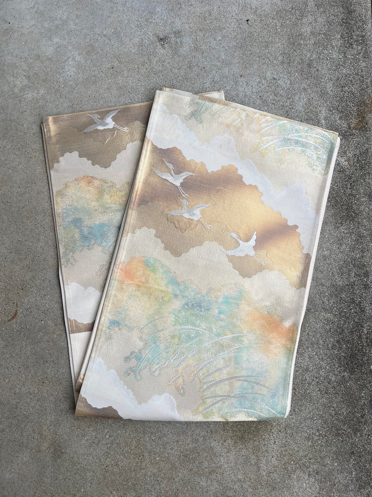 FORTUNE COOKIE BAG (S) <metallic beige pastel crane pattern >  Upcycled from silk obi