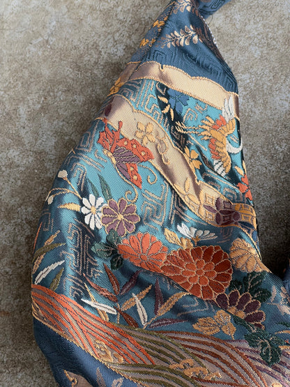 FORTUNE COOKIE BAG (S) <metallic green with multi flowers > Upcycled from second hand obi
