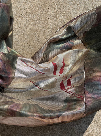 <FORTUNE COOKIE BAG (L) <champagne gold metallic abstract pattern with crane >  Upcycled from silk obi