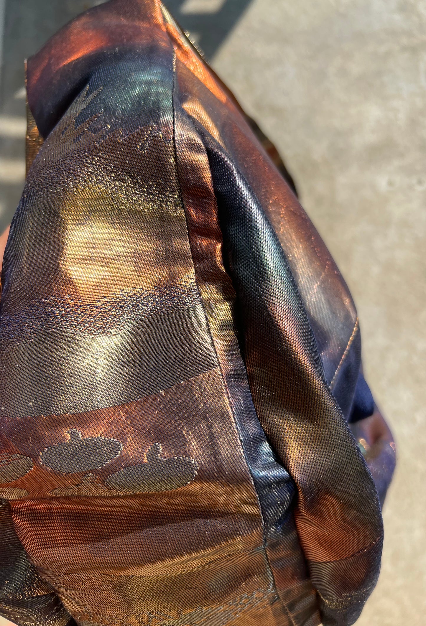 <FORTUNE COOKIE BAG (L) <navy× multi color metallic bamboo pattern>  Upcycled from silk obi
