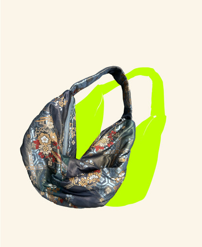 FORTUNE COOKIE BAG (S) <metallic ash teal bird and floral pattern> Upcycled from second hand obi