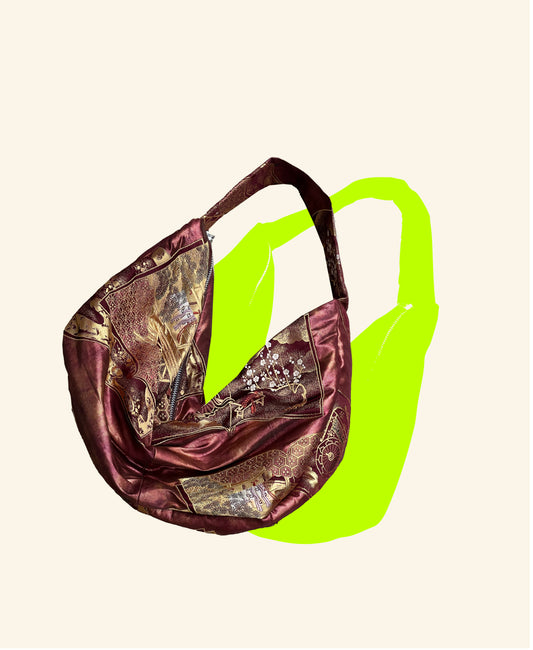 FORTUNE COOKIE BAG (S) <metallic burgundy floral pattern > Upcycled from second hand obi
