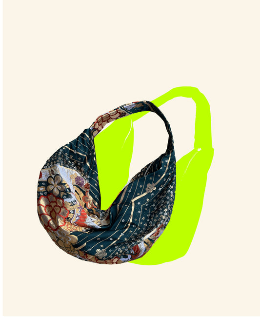 FORTUNE COOKIE BAG (S) <dark green flower and bird pattern> Upcycled from second hand obi