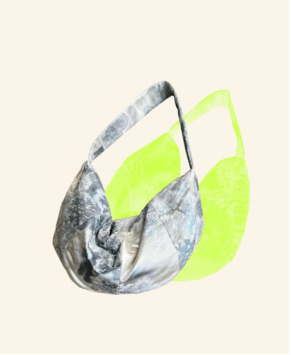 <FORTUNE COOKIE BAG (L) <silver×light blue tree pattern > Upcycled product