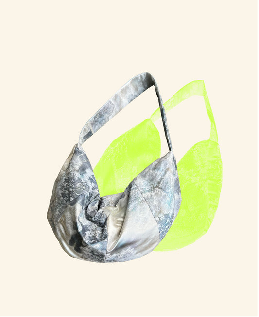 <FORTUNE COOKIE BAG (L) <silver×light blue tree pattern > Upcycled product