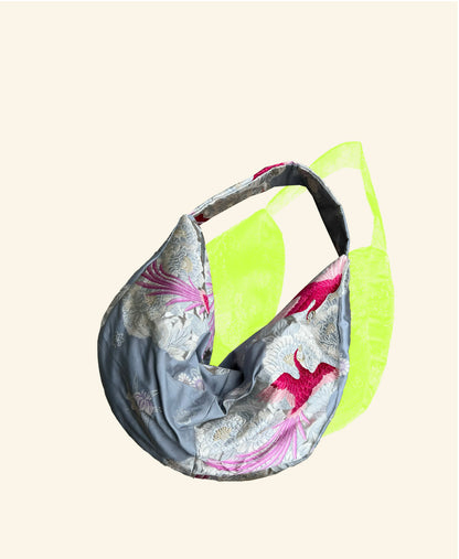 FORTUNE COOKIE BAG (S) <light blue × vivid pink with bird motifs> Upcycled from second hand obi
