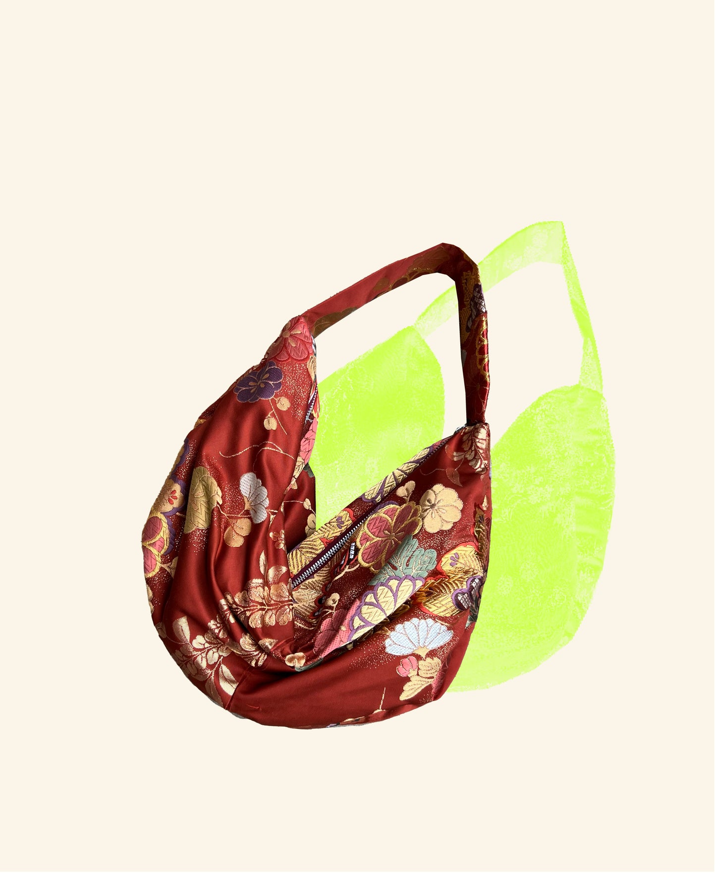 FORTUNE COOKIE BAG (S) <vermillion with multi flowers > Upcycled from second hand obi