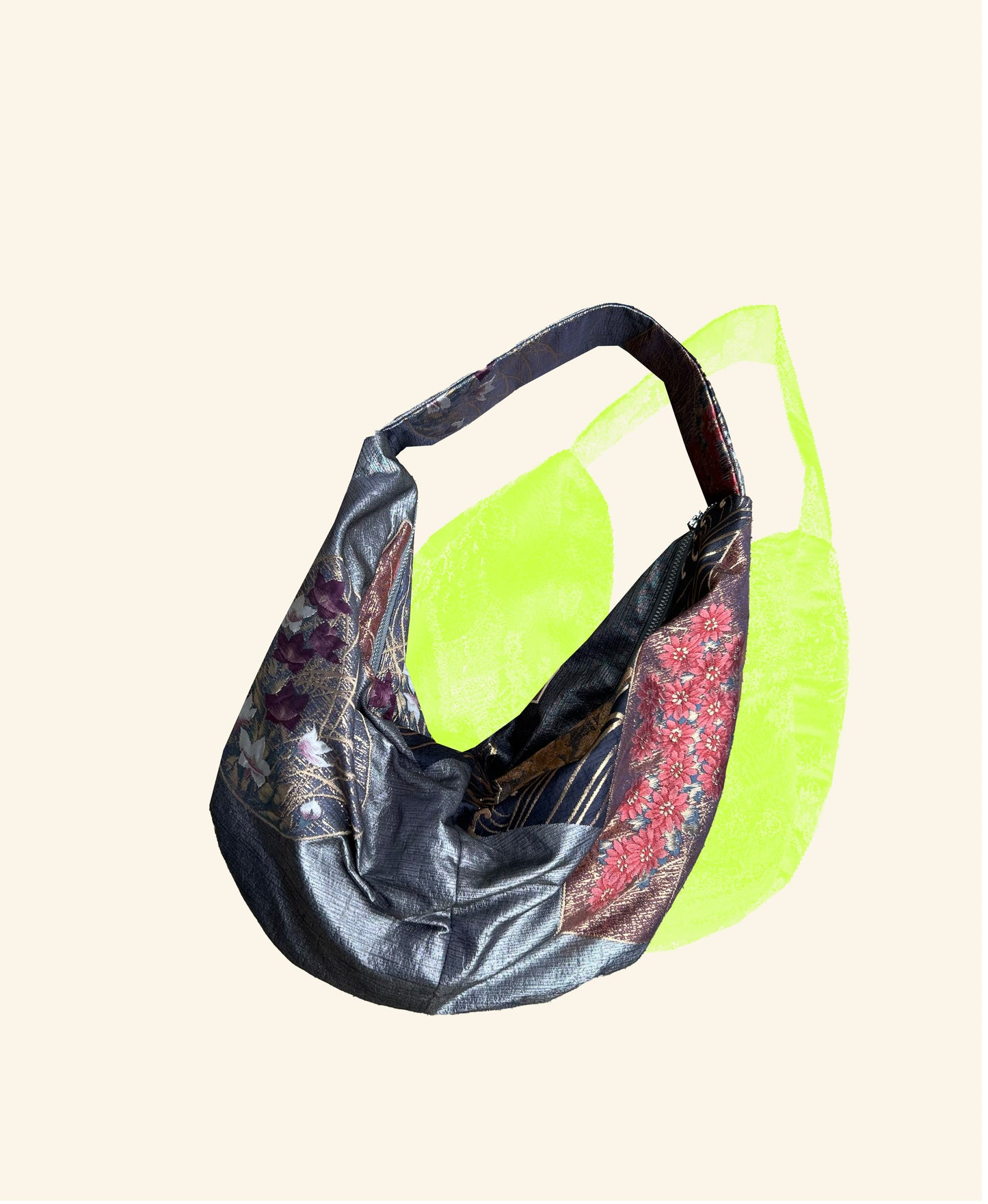 FORTUNE COOKIE BAG (S) <metallic ash purple with multi flowers > Upcycled from second hand obi