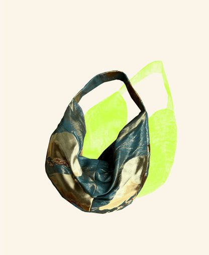 FORTUNE COOKIE BAG (S) <metallic teal with pine tree > Upcycled from second hand obi