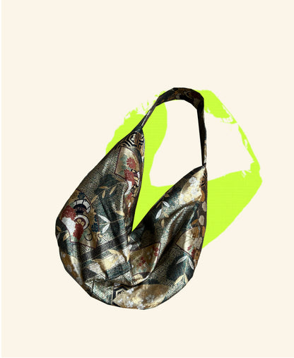 FORTUNE COOKIE BAG (S) <metallic gold with japanese fan and flowers > Upcycled from second hand obi