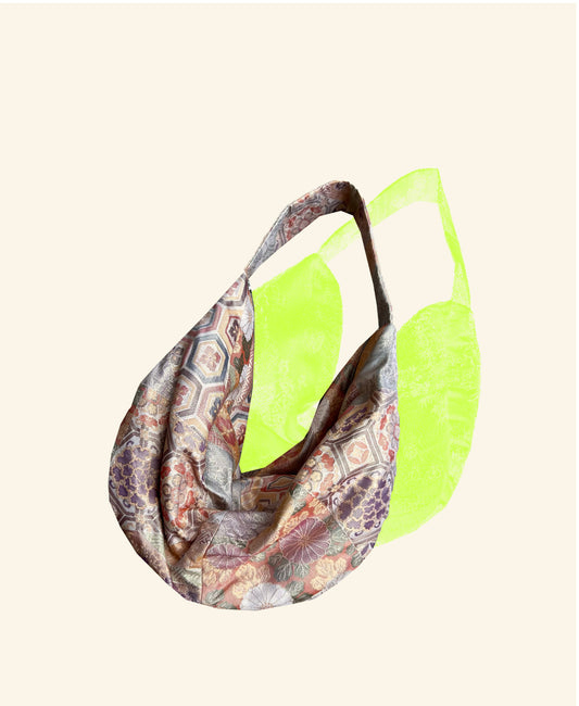 FORTUNE COOKIE BAG (S) <beige × multi pastel color with lucky omen motifs > Upcycled from second hand obi