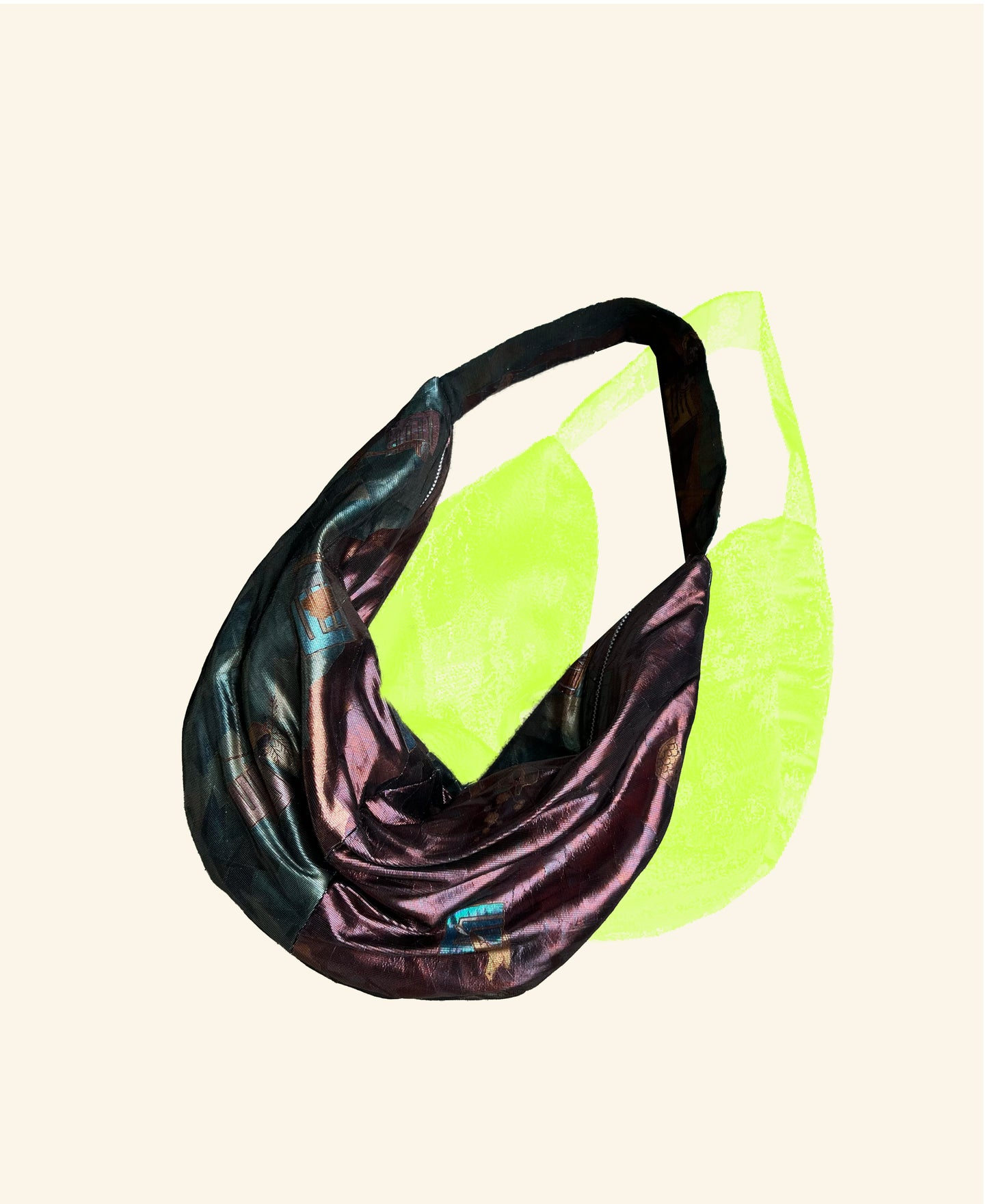 FORTUNE COOKIE BAG (S) <metallic burgundy×green with illustration from the tale of Genji  > Upcycled from second hand obi