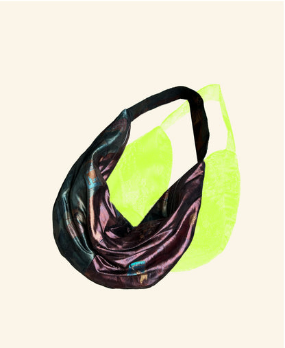 FORTUNE COOKIE BAG (S) <metallic burgundy×green with illustration from the tale of Genji  > Upcycled from second hand obi