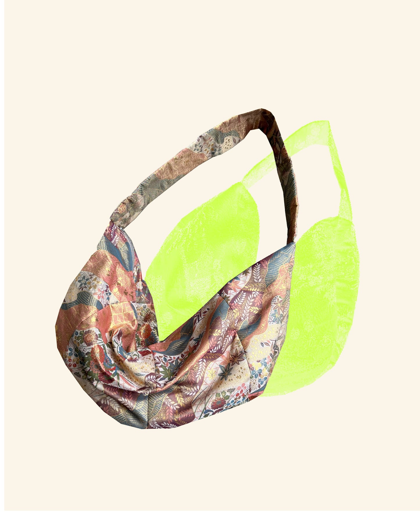 <FORTUNE COOKIE BAG (L) <beige ×multicolor floral pattern > Upcycled product